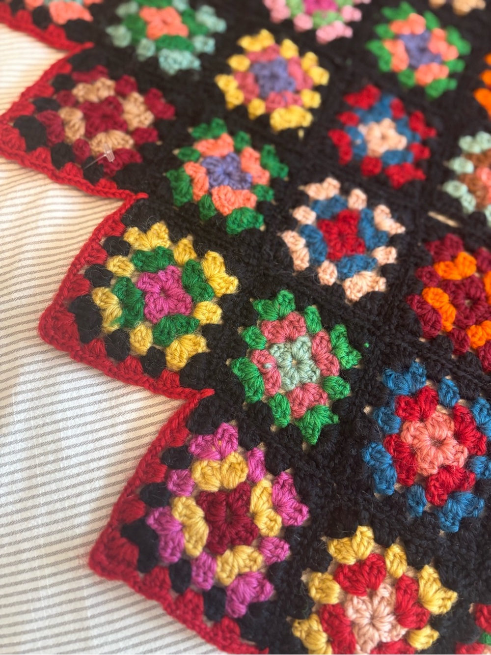 Vintage Granny Square Crochet Afghan Black Colorful Floral 54x69 Handmade - Picture 5 of 5